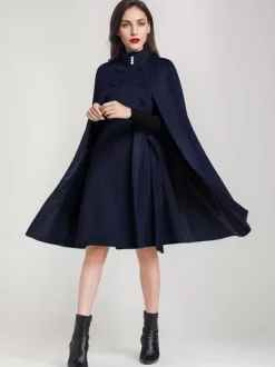 Wool Blend Cape Coat For Women Stand Collar Dark Navy Belted Oversized Poncho Outerwear 2026