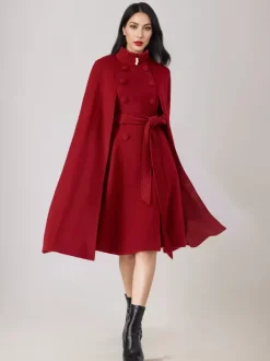 Wool Blend Cape Coat For Women Stand Collar Dark Navy Belted Oversized Poncho Outerwear 2026
