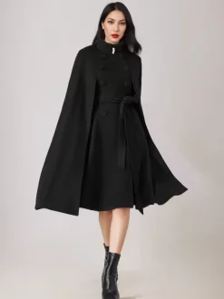 Wool Blend Cape Coat For Women Stand Collar Dark Navy Belted Oversized Poncho Outerwear 2026