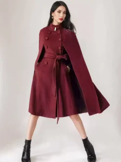 Wool Blend Cape Coat For Women Stand Collar Dark Navy Belted Oversized Poncho Outerwear 2026