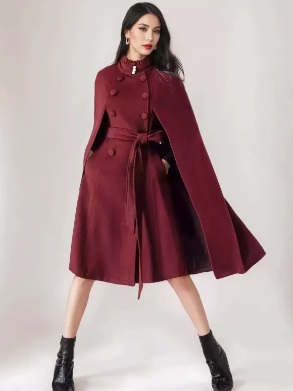 Wool Blend Cape Coat For Women Stand Collar Dark Navy Belted Oversized Poncho Outerwear 2026