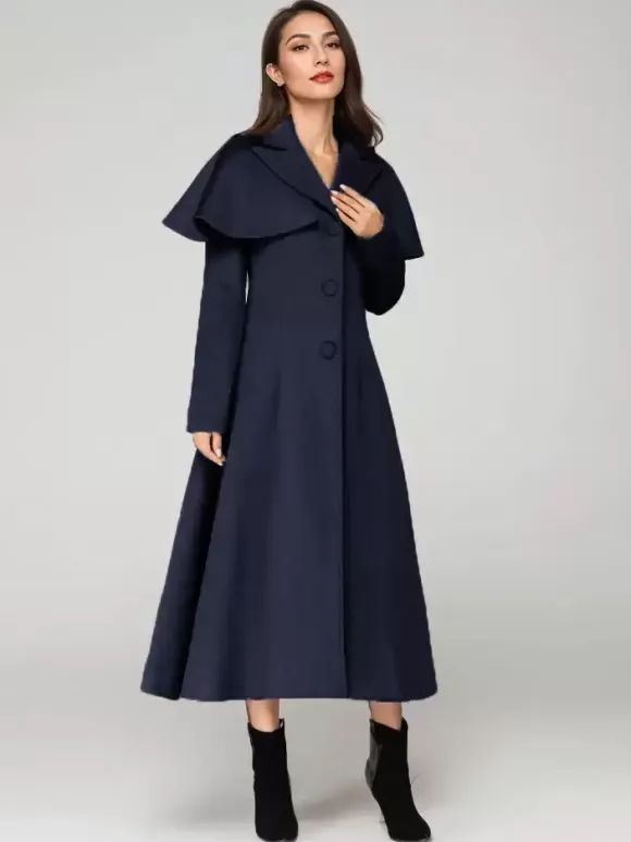 Wool Blend Coat With Cape Classic Lapel Elegant Camel Winter long Outerwear For Women 2026
