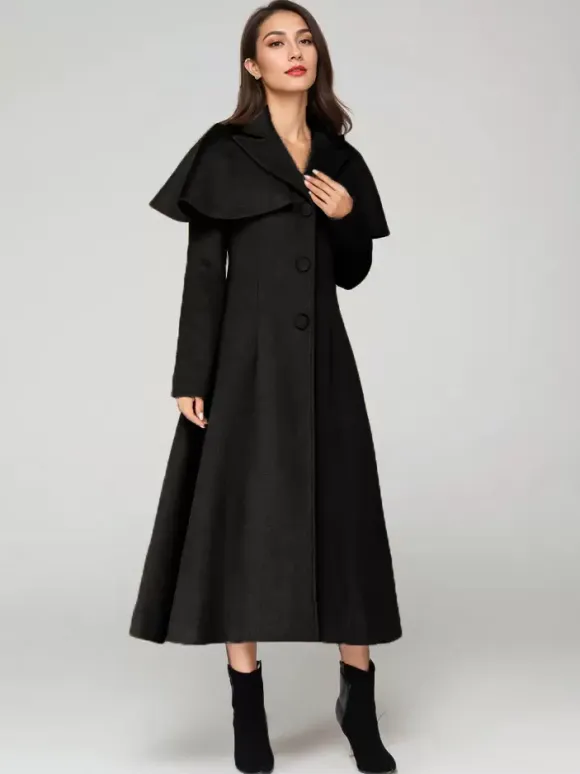 Wool Blend Coat With Cape Classic Lapel Elegant Camel Winter long Outerwear For Women 2026