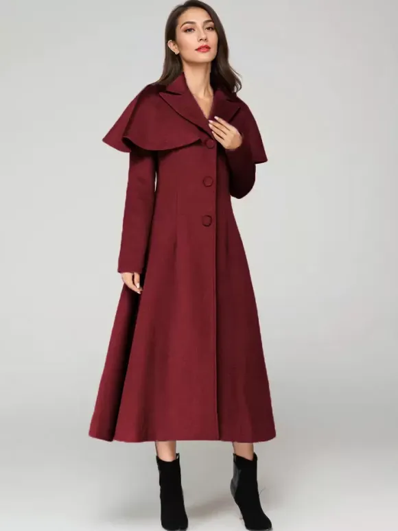 Wool Blend Coat With Cape Classic Lapel Elegant Camel Winter long Outerwear For Women 2026
