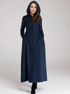 Wool Blend Coat With Hood Dark Navy A-line Flared Maxi Outerwear For Women 2026