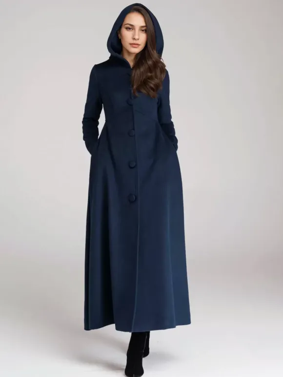 Wool Blend Coat With Hood Dark Navy A-line Flared Maxi Outerwear For Women 2026