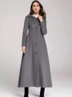 Wool Blend Coat With Hood Dark Navy A-line Flared Maxi Outerwear For Women 2026