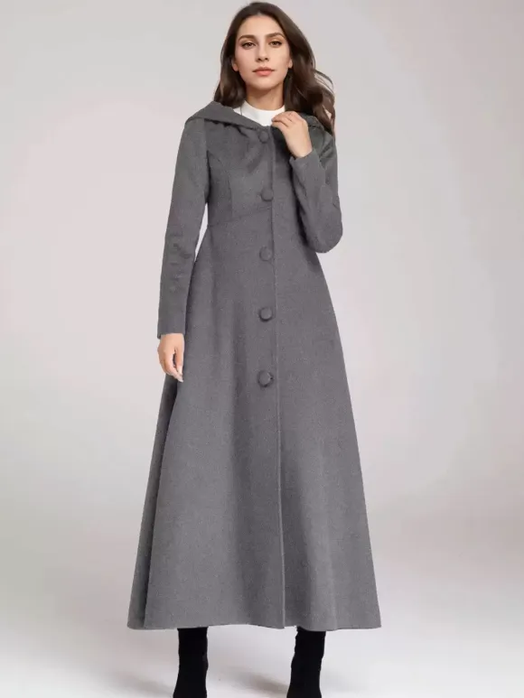 Wool Blend Coat With Hood Dark Navy A-line Flared Maxi Outerwear For Women 2026