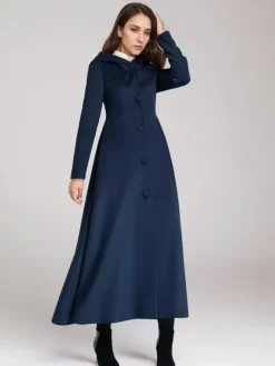Wool Blend Coat With Hood Dark Navy A-line Flared Maxi Outerwear For Women 2026