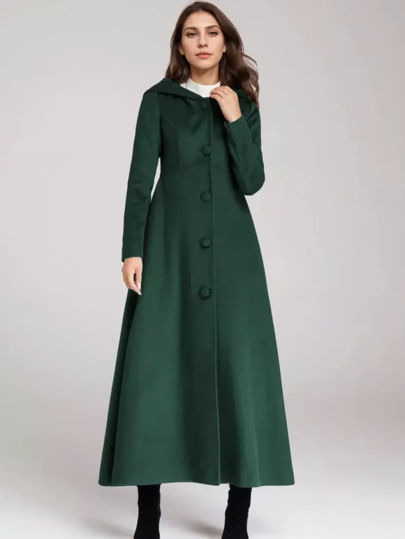 Wool Blend Coat With Hood Dark Navy A-line Flared Maxi Outerwear For Women 2026