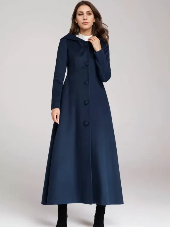 Wool Blend Coat With Hood Dark Navy A-line Flared Maxi Outerwear For Women 2026