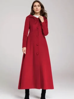 Wool Blend Coat With Hood Dark Navy A-line Flared Maxi Outerwear For Women 2026