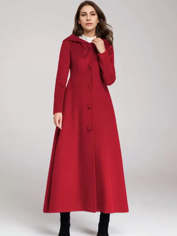 Wool Blend Coat With Hood Dark Navy A-line Flared Maxi Outerwear For Women 2026