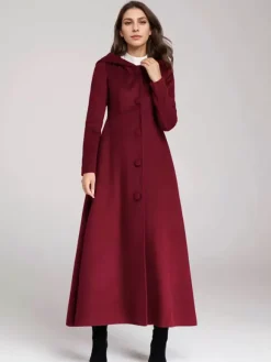 Wool Blend Coat With Hood Dark Navy A-line Flared Maxi Outerwear For Women 2026