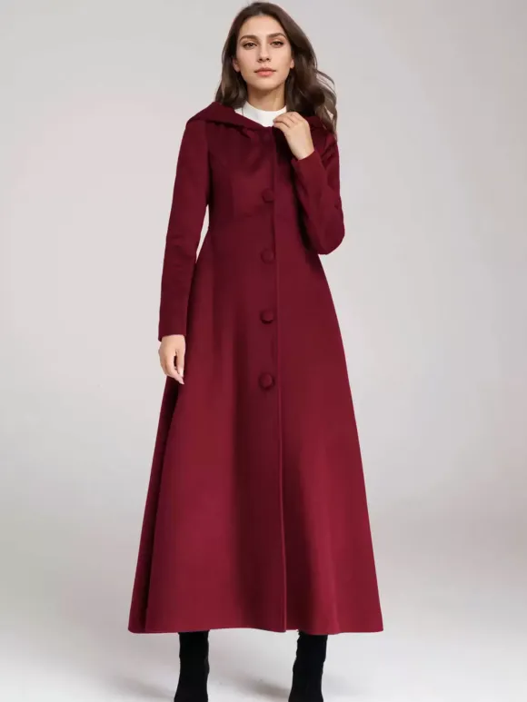 Wool Blend Coat With Hood Dark Navy A-line Flared Maxi Outerwear For Women 2026