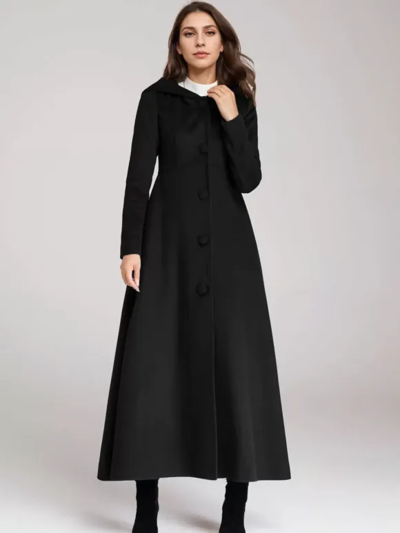 Wool Blend Coat With Hood Dark Navy A-line Flared Maxi Outerwear For Women 2026