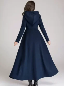 Wool Blend Coat With Hood Dark Navy A-line Flared Maxi Outerwear For Women 2026