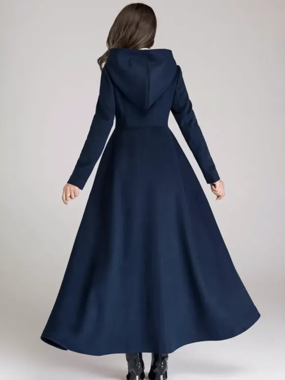 Wool Blend Coat With Hood Dark Navy A-line Flared Maxi Outerwear For Women 2026
