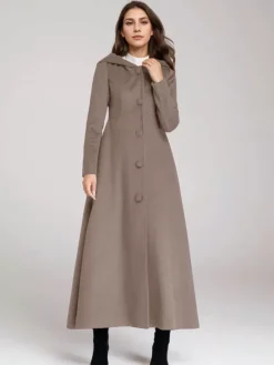 Wool Blend Coat With Hood Dark Navy A-line Flared Maxi Outerwear For Women 2026