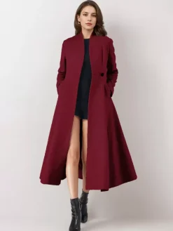 Wool Blend Flared Coat For Woman One Button Gray A-line Winter Midi Outerwear 2026