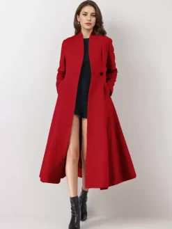 Wool Blend Flared Coat For Woman One Button Gray A-line Winter Midi Outerwear 2026