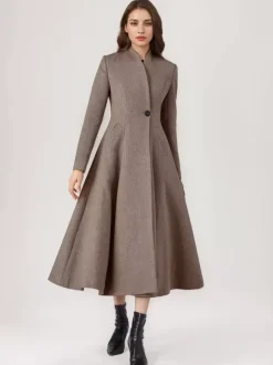 Wool Blend Flared Coat For Woman One Button Gray A-line Winter Midi Outerwear 2026