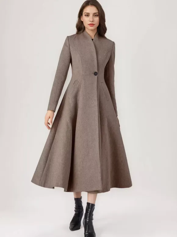 Wool Blend Flared Coat For Woman One Button Gray A-line Winter Midi Outerwear 2026