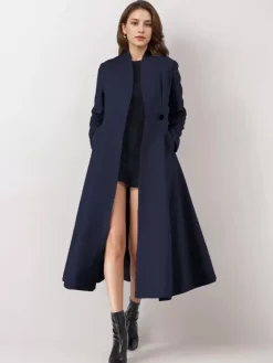 Wool Blend Flared Coat For Woman One Button Gray A-line Winter Midi Outerwear 2026