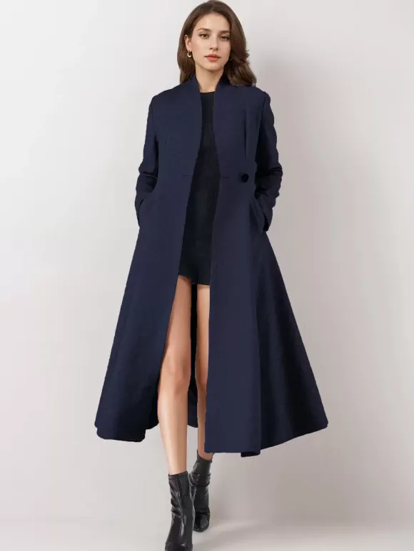 Wool Blend Flared Coat For Woman One Button Gray A-line Winter Midi Outerwear 2026