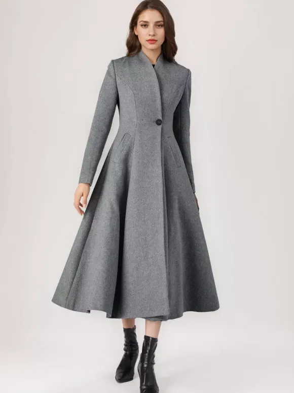 Wool Blend Flared Coat For Woman One Button Gray A-line Winter Midi Outerwear 2026