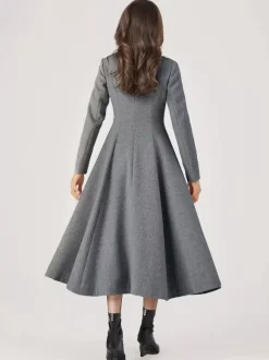 Wool Blend Flared Coat For Woman One Button Gray A-line Winter Midi Outerwear 2026
