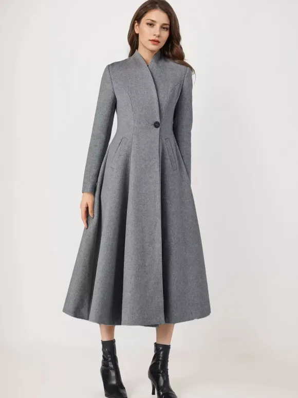 Wool Blend Flared Coat For Woman One Button Gray A-line Winter Midi Outerwear 2026