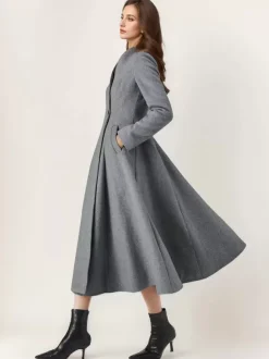 Wool Blend Flared Coat For Woman One Button Gray A-line Winter Midi Outerwear 2026