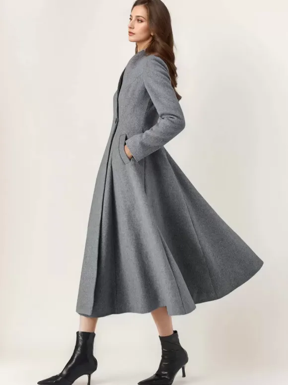 Wool Blend Flared Coat For Woman One Button Gray A-line Winter Midi Outerwear 2026