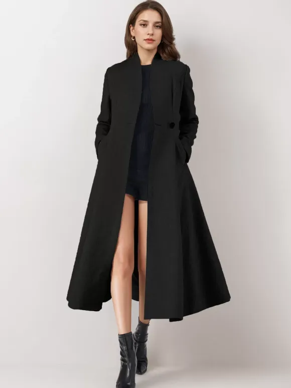 Wool Blend Flared Coat For Woman One Button Gray A-line Winter Midi Outerwear 2026