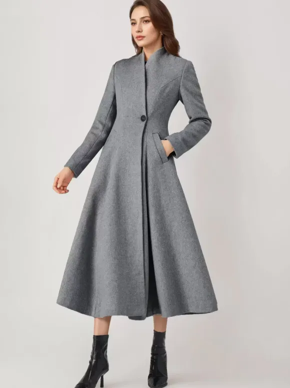 Wool Blend Flared Coat For Woman One Button Gray A-line Winter Midi Outerwear 2026