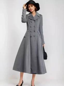 Wool Blend Flared Coat For Women Dark Navy Double-breasted Wide Lapel A-line Winter Outerwear 2026