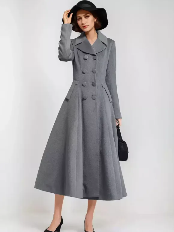Wool Blend Flared Coat For Women Dark Navy Double-breasted Wide Lapel A-line Winter Outerwear 2026