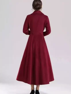 Wool Blend Flared Coat For Women Dark Navy Double-breasted Wide Lapel A-line Winter Outerwear 2026