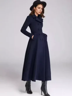 Wool Blend Flared Coat For Women Dark Navy Double-breasted Wide Lapel A-line Winter Outerwear 2026