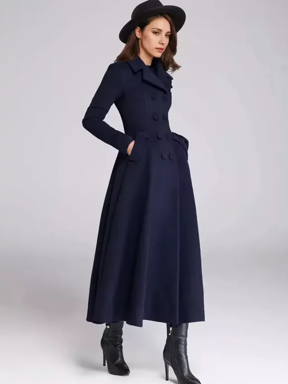 Wool Blend Flared Coat For Women Dark Navy Double-breasted Wide Lapel A-line Winter Outerwear 2026