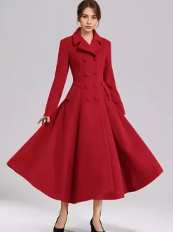 Wool Blend Flared Coat For Women Dark Navy Double-breasted Wide Lapel A-line Winter Outerwear 2026