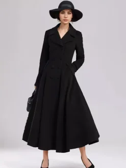 Wool Blend Flared Coat For Women Dark Navy Double-breasted Wide Lapel A-line Winter Outerwear 2026