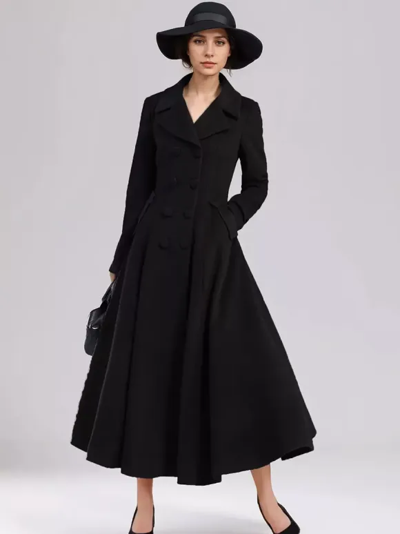 Wool Blend Flared Coat For Women Dark Navy Double-breasted Wide Lapel A-line Winter Outerwear 2026