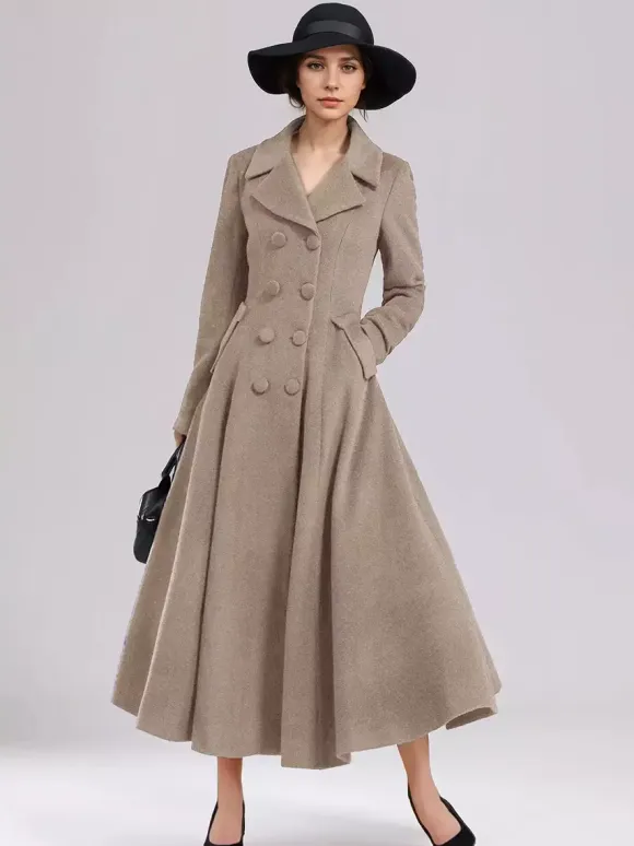 Wool Blend Flared Coat For Women Dark Navy Double-breasted Wide Lapel A-line Winter Outerwear 2026
