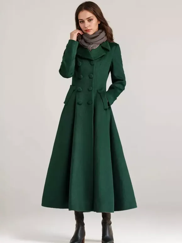 Wool Blend Flared Coat For Women Dark Navy Double-breasted Wide Lapel A-line Winter Outerwear 2026
