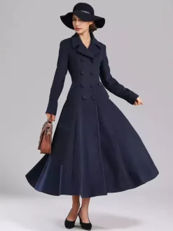 Wool Blend Flared Coat For Women Dark Navy Double-breasted Wide Lapel A-line Winter Outerwear 2026