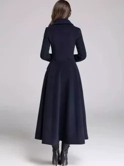 Wool Blend Flared Coat For Women Dark Navy Double-breasted Wide Lapel A-line Winter Outerwear 2026