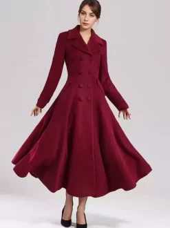 Wool Blend Flared Coat For Women Dark Navy Double-breasted Wide Lapel A-line Winter Outerwear 2026