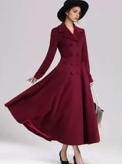 Wool Blend Flared Coat For Women Dark Navy Double-breasted Wide Lapel A-line Winter Outerwear 2026